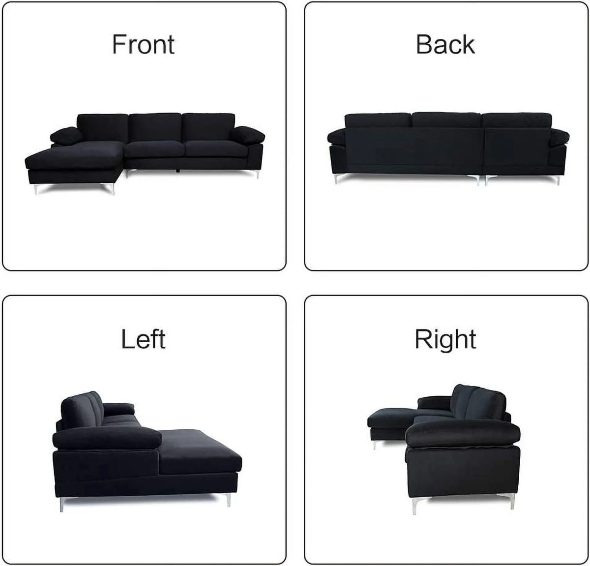 Black Velvet L-Shaped Sectional Sofa with Metal Legs D9670