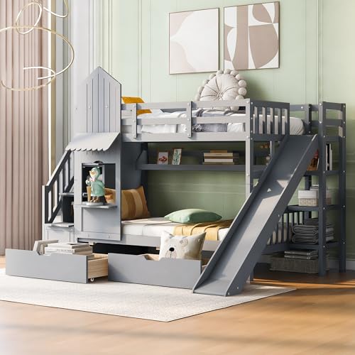 Full-Over-Full Wood Bunk Bed with Slide and Storage Staircase B365