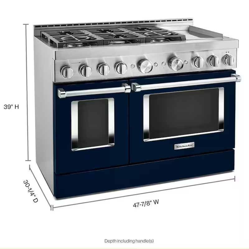 48 in. 6.3 cu. ft. Smart Double Oven Gas Range with Griddle and True Convection in Ink Blue A430