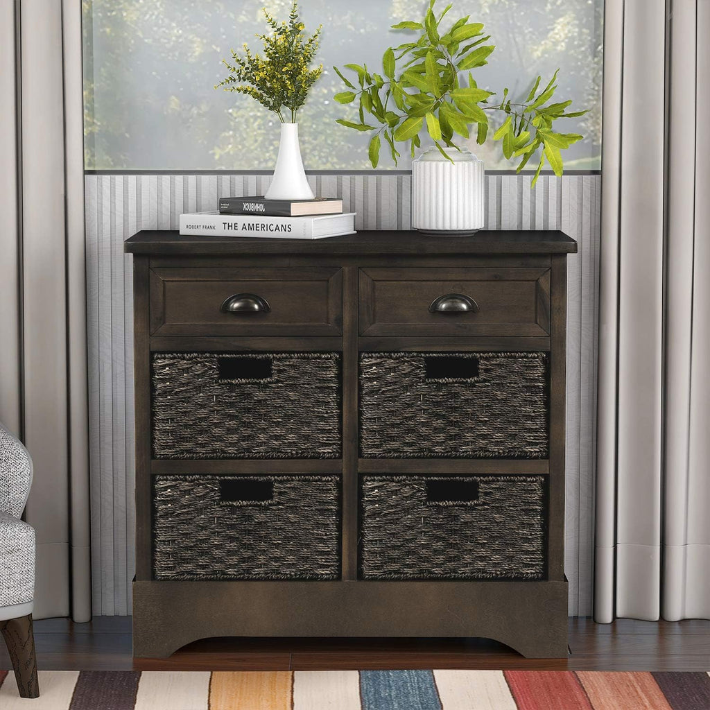 Rustic Storage Cabinet with Two Drawers and Four Fabric Basket (White) P607225