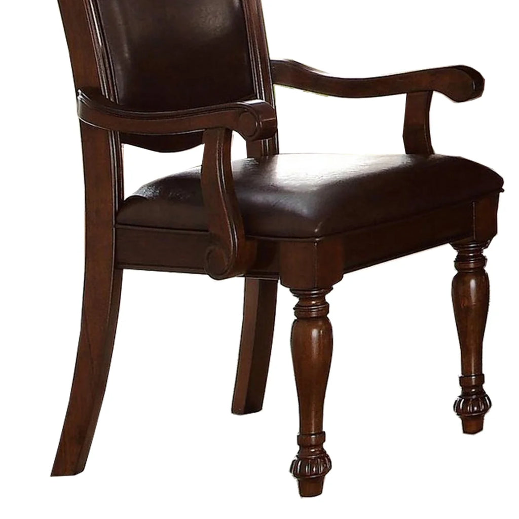 Wood & Leather Dining Side Arm Chair, Brown & Dark Brown, Set of 2 C444543