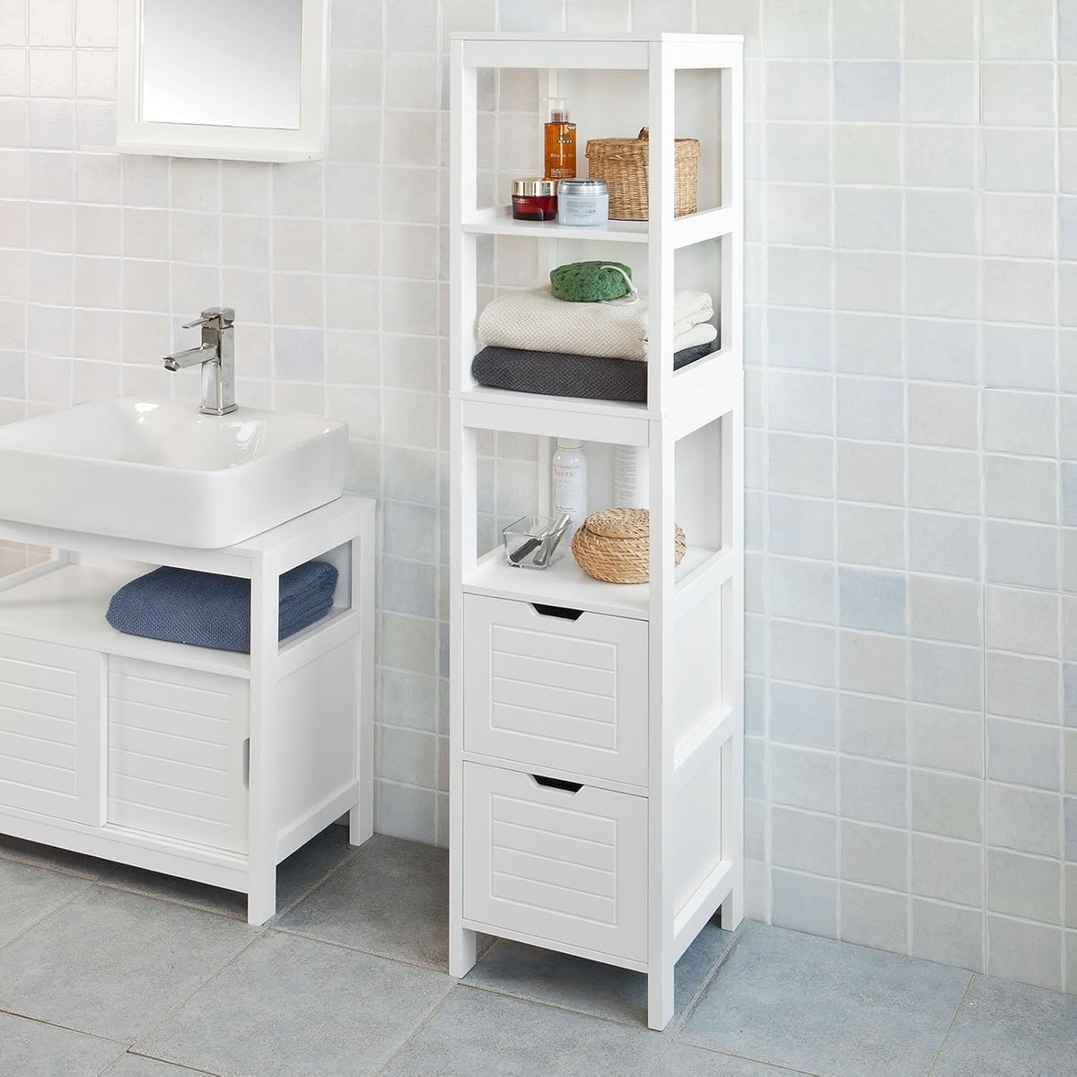 White Floor Standing Tall Bathroom Storage Cabinet with Shelves and Door W4842