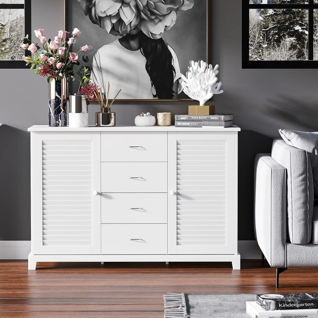 White Storage Cabinet with Drawers and Louvered Doors C7700