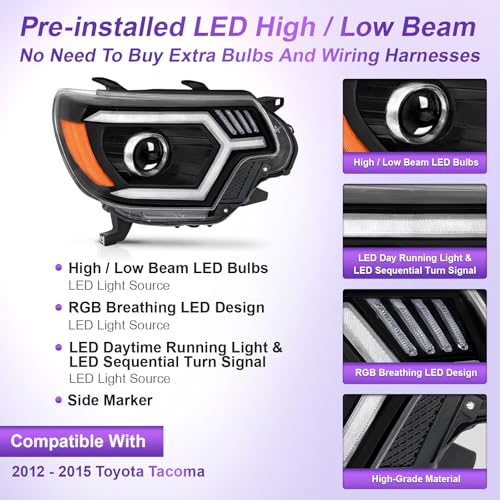 LED Headlight Assembly with Sequential Turn Signal Black Housing Amber Reflector W963