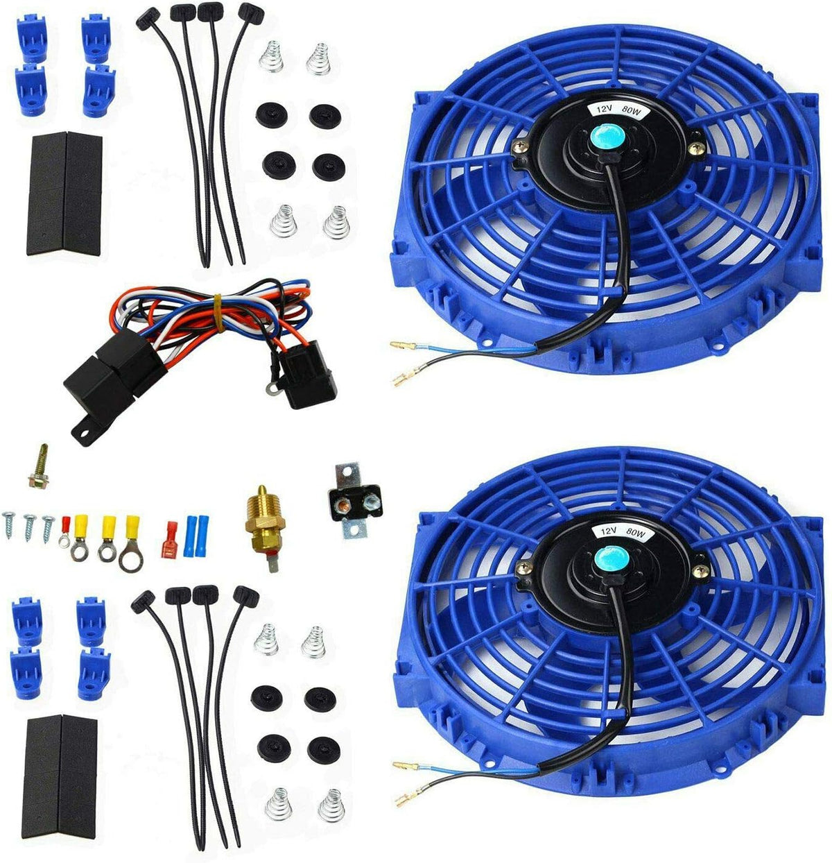 7" 12V Electric Radiator Cooling Fan with 3/8" Probe Thermostat Switch Kit Black (pack of 2) N522