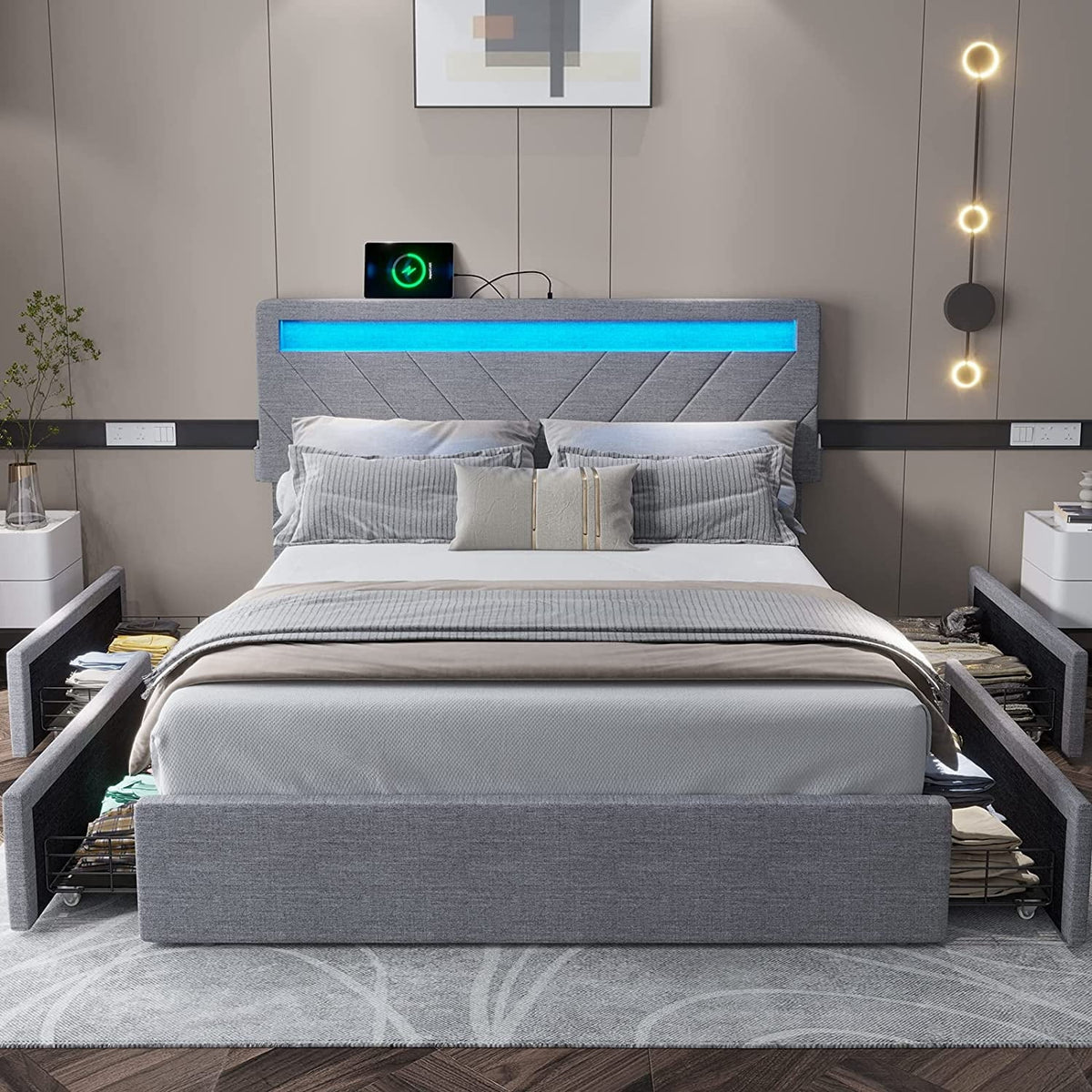 Queen Bed Frame with LED Lights Headboard, 4 Drawers, 2 USB Charging Station, Upholstered Platform Bed, Dark Gray N4034