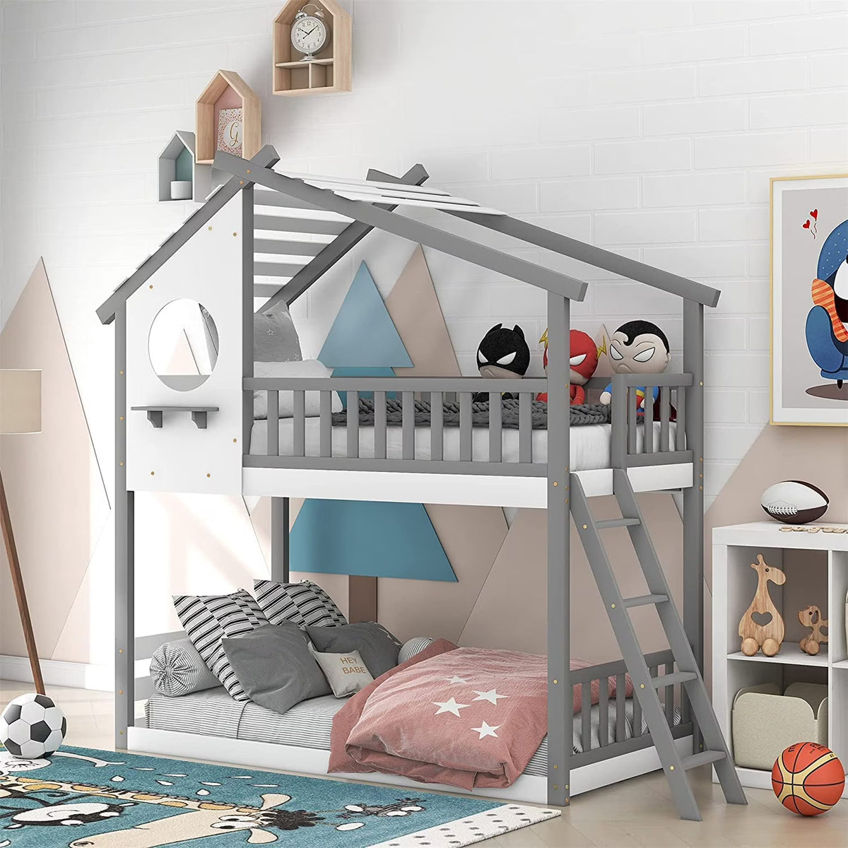Gray Wood Kids House Bed with Roof and Ladder I710653