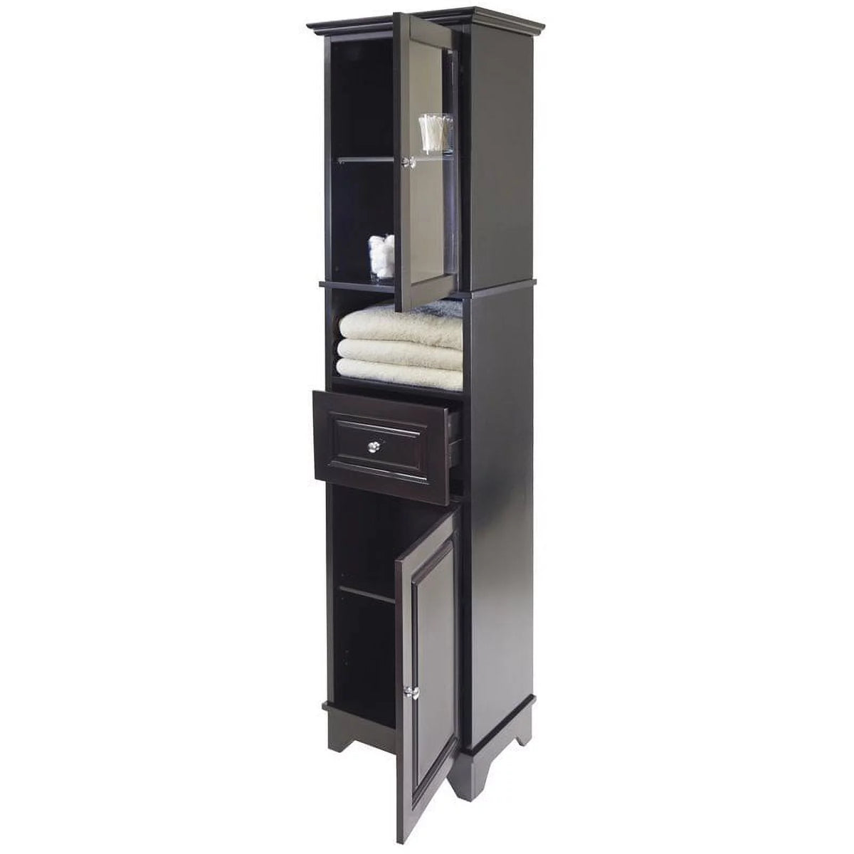 Tall Black Wood Bathroom Storage Cabinet with Glass Door and Drawer U66824