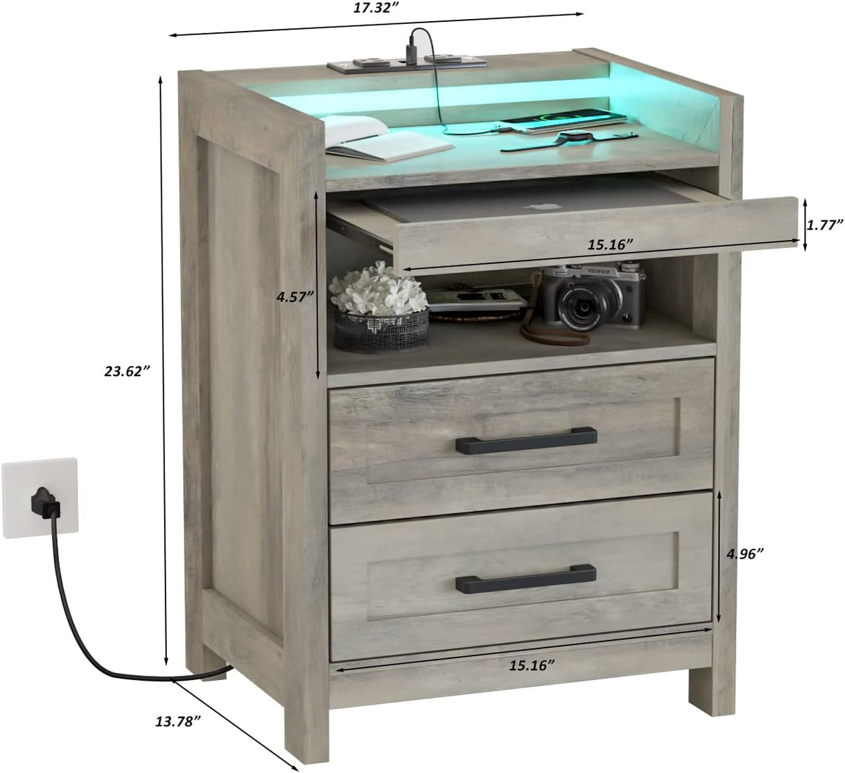Grey Wood Nightstand with 2 Drawers and Pull-Out Shelf Q80514
