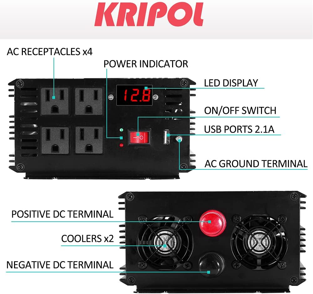 2000 Watt 12V DC to 110v/120v AC Power Inverter with 4 AC Outlets and USB Output F447