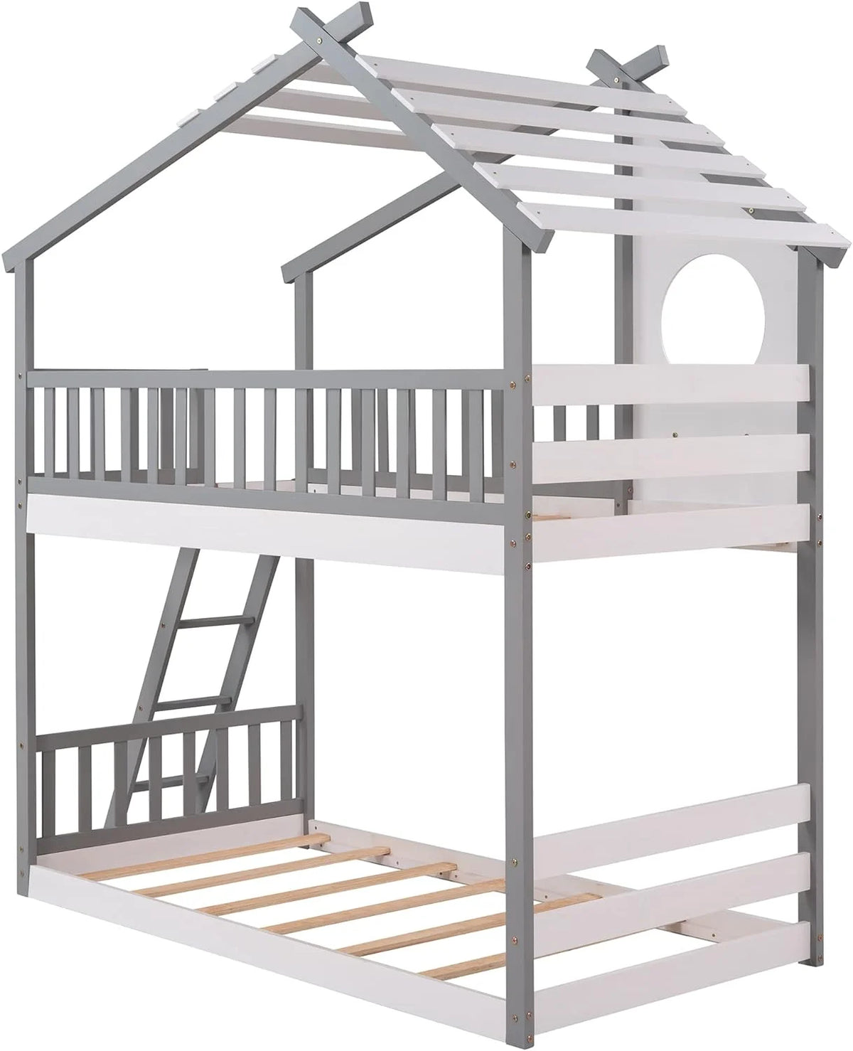 Gray Wood Kids House Bed with Roof and Ladder I710653