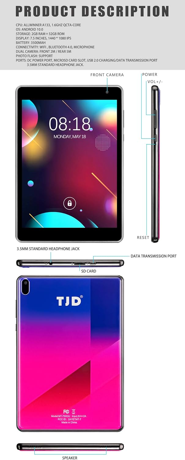 7.5 Inch IPS Display Android 10 Tablet 2GB RAM 32GB ROM Pack of 2 H1087