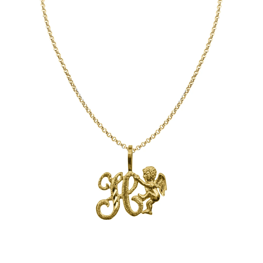 14K Yellow Gold Cherub Initial Pendant Necklace with 16" Chain W511