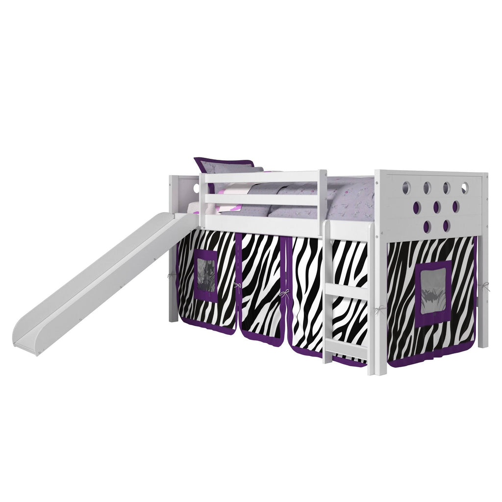 White Twin Circles Low Loft Bed with Slide and Camo Tent Kit D681