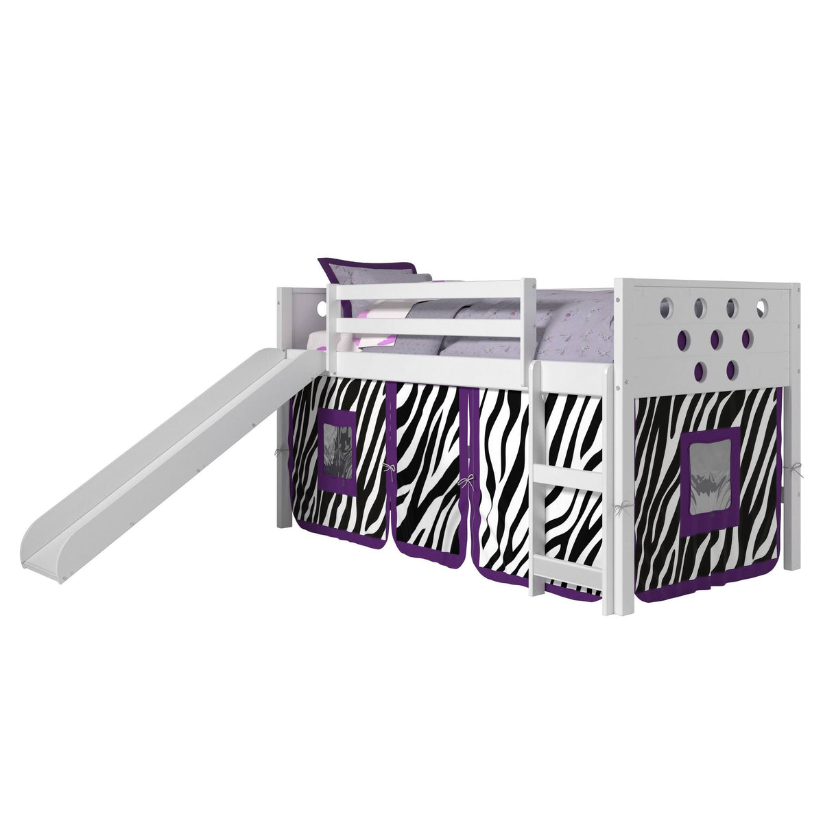 White Twin Circles Low Loft Bed with Slide and Camo Tent Kit D681