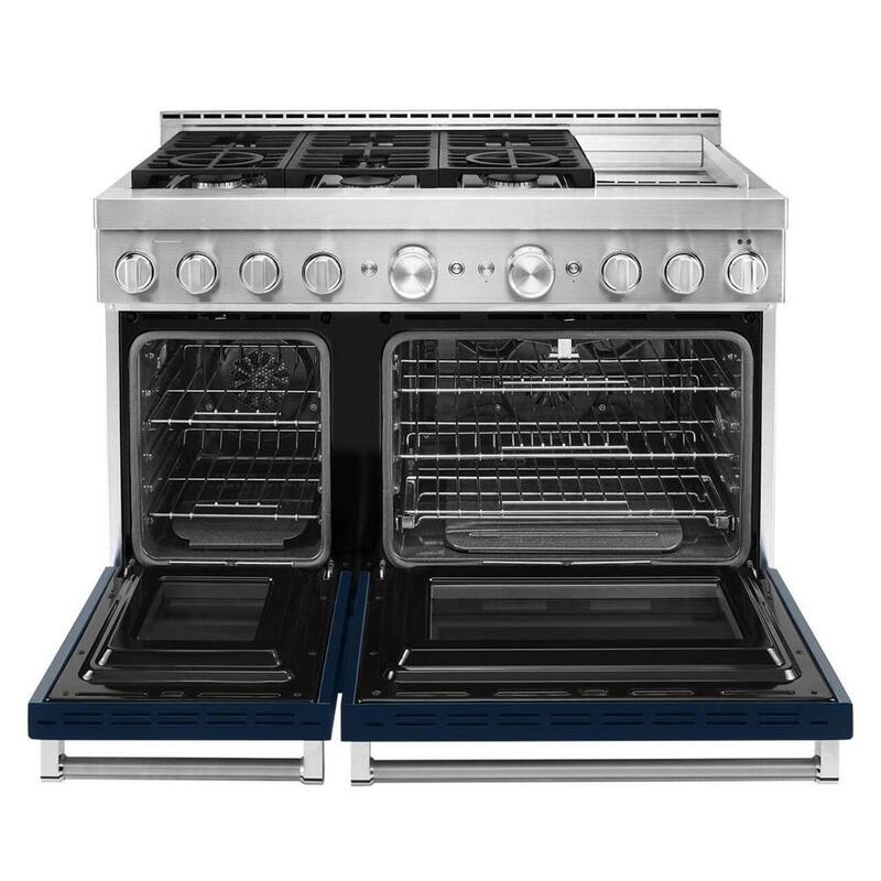 48 in. 6.3 cu. ft. Smart Double Oven Gas Range with Griddle and True Convection in Ink Blue A430