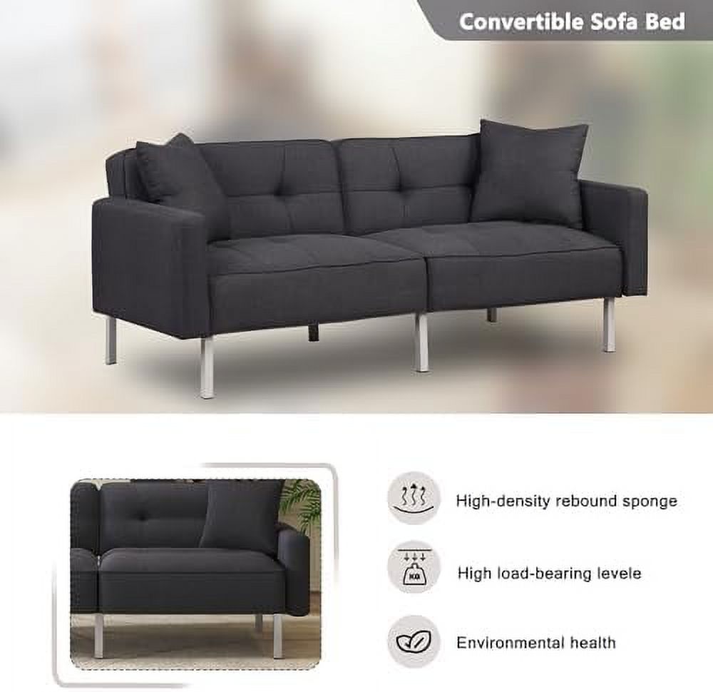 Black Linen Fabric Convertible Futon Sofa Bed with Metal Legs L3073